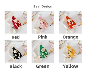 Detail showing kids canvas cross-body bags in six colors with plush bear decorations