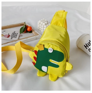 Close-up of bright yellow nylon dinosaur chest bag for kids with adjustable shoulder strap