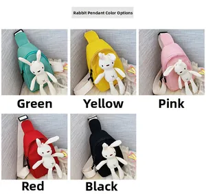 Kids chest bags in five colors with cute plush bunny pendants and adjustable straps