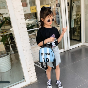 Kids soccer backpack with blue and white stripes featuring Messi 10 athletic design