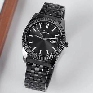 Classic black stainless steel men's watch with fluted bezel and date window display