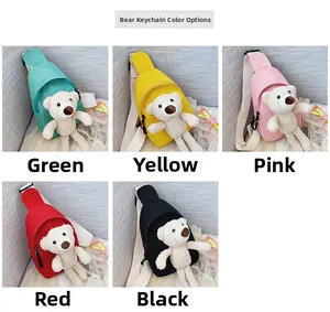 Detailed display of cute kids chest bags in green, yellow, pink, red, and black colors