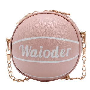 Cute pink basketball shaped PU leather crossbody bag for girls with gold chain strap
