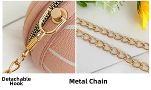 Detailansicht der rosa runden Umhängetasche mit abnehmbaren Haken und goldener Metallkette