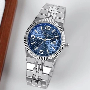 Montre homme tendance en acier inoxydable avec cadran bleu en nid d'abeille et calendrier