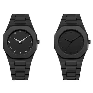 Men's matte black quartz watch with octagonal bezel and Arabic numeral dial on white background