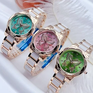 Détails de montres avec cadran papillon, strass et bracelet en céramique