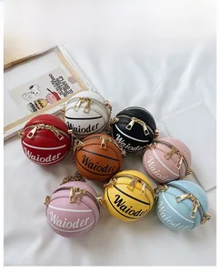 Overhead view of stylish mini basketball cross-body bags in eight vibrant colors