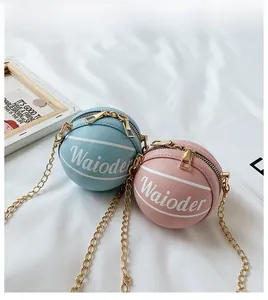 Detail of baby blue and soft pink basketball-shaped mini bags with gold chain straps