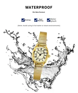 Detail shot of golden barrel watch showing 30M waterproof performance with water splashes