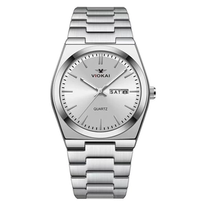 Men's minimalist stainless steel quartz watch with silver sunray dial and day-date display