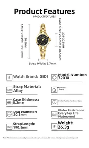 Spécifications de la montre GEDI dorée avec boîtier 20,5mm et cadran noir à quartz