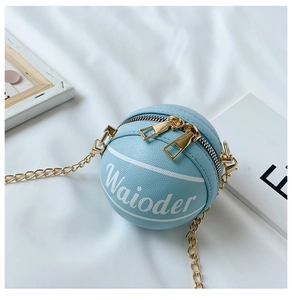 Close-up of light blue basketball shaped crossbody bag with gold chain and dual zippers