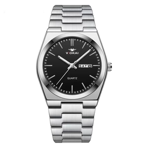 Luxurious ultra-thin men's quartz watch with silver steel band and black double calendar dial