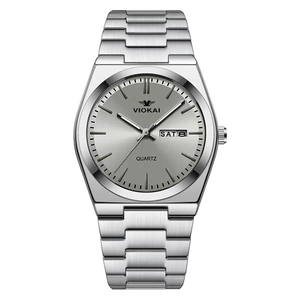 Business quartz watch with ultra-thin steel band and day-date display on sunray dial