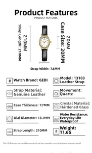 Detailed size specifications for GEDI luxury quartz watch with leather strap and dimensions