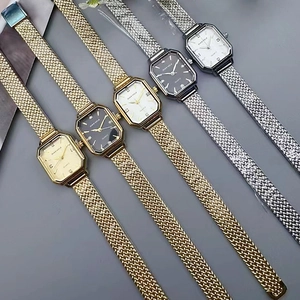 Elegant set of women's octagonal quartz watches with mesh bands in gold and silver colors