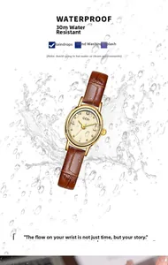 Detail of elegant gold oval watch with water splashes showing 30M waterproof capability