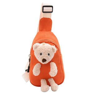 Bright orange canvas kids chest bag featuring a cute 3D plush bear and adjustable strap