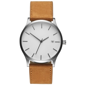 Minimalist silver steel watch with white dial and camel suede leather strap for men