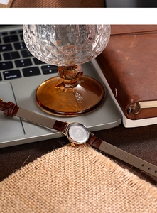 Detailed macro view of the stainless steel back case and genuine leather strap of the watch