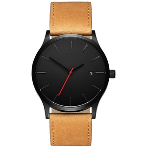 Minimalist quartz watch with black dial, red second hand and brown suede strap on white background