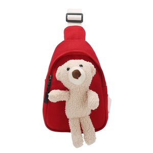 Cute red canvas kids crossbody chest bag featuring a 3D plush teddy bear decoration