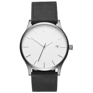 Minimalist quartz watch with silver steel case, white dial and black leather strap