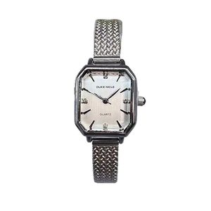 Women's vintage silver square quartz watch with stainless steel mesh band and crystal markers