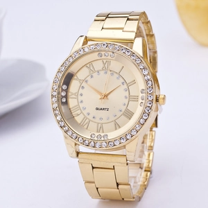 Elegant gold quartz watch for women with rhinestone bezel and Roman numeral dial