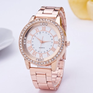 Elegant rose gold women's quartz watch with crystal bezel and Roman numeral markers
