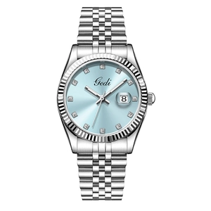 Elegante orologio da donna in acciaio argento con quadrante blu ghiaccio e datario