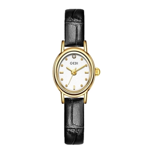 Elegant GEDI women's quartz watch with gold case, white dial and black leather strap