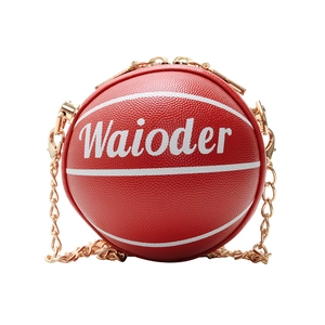 Kids basketball shaped crossbody bag in red and white PU leather with gold chain strap