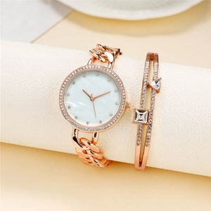 Montre Et Bracelet De Mode Pour Femmes Alliage Lunette En Strass Cadran Marbre Chaîne Épaisse Bijoux De Luxe Simples