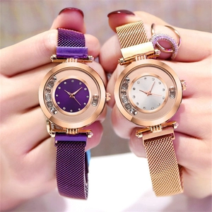 Women's quartz watches with magnetic mesh straps and diamond-accented floating dials