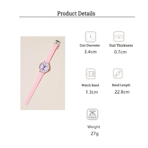 Pink silicone watch for kids showing dial diameter 3.4cm and strap length 22.8cm dimensions