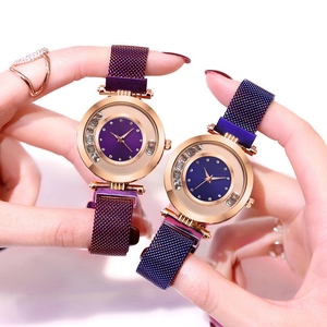 Elegant women quartz watch with crystal inlay and magnetic Milanese mesh strap