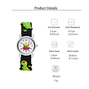 Détails de montre à quartz dinosaure avec dimensions et bracelet en silicone souple