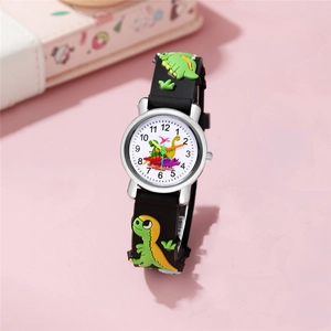Montre À Quartz Pour Enfants Boîtier En Alliage Miroir En Verre Dinosaure 3D Bracelet En Silicone Cadeau Analogique
