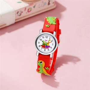 Montre quartz enfant avec dinosaure 3D, bracelet silicone rouge et couleurs arc-en-ciel