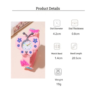 Detailed specs of pink butterfly cartoon watch with floral dial and silicone strap
