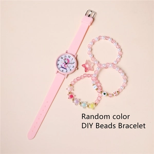 Pink unicorn kids quartz watch set with three matching DIY beaded charm bracelets