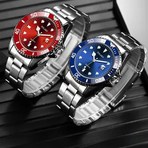 Close-up of stylish men's quartz watches with red and blue sunray dials and steel straps