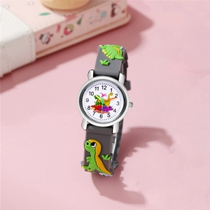 Montre à quartz dinosaure pour enfants avec bracelet en silicone arc-en-ciel rose