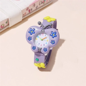 Cute purple butterfly quartz watch for girls with colorful silicone strap and floral case