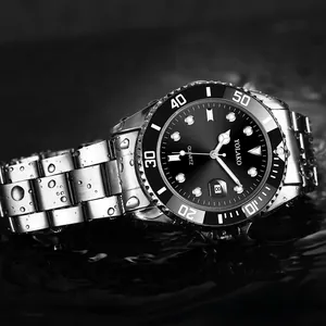 Close-up of waterproof quartz watch in water with date window and steel strap