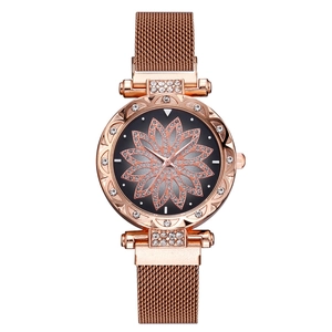 Montre Femme Quartz Mode Strass Cadran Fleur Bracelet Maille Milanaise Fermoir Magnétique Élégant Luxe Floral
