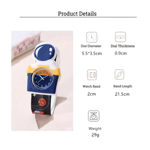 Detailed view of astronaut kids watch with cartoon space patterns and size specifications