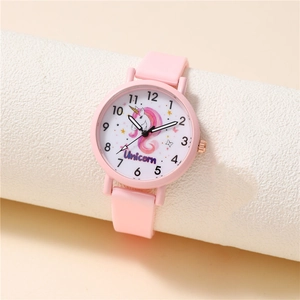 Pink quartz children watch featuring a cute unicorn dial and soft silicone strap